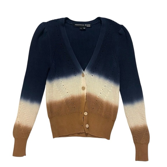 Veronica Beard Parula Dip Dye Cotton Cardigan - Navy/Cream/Beige XS - Picture 2 of 6